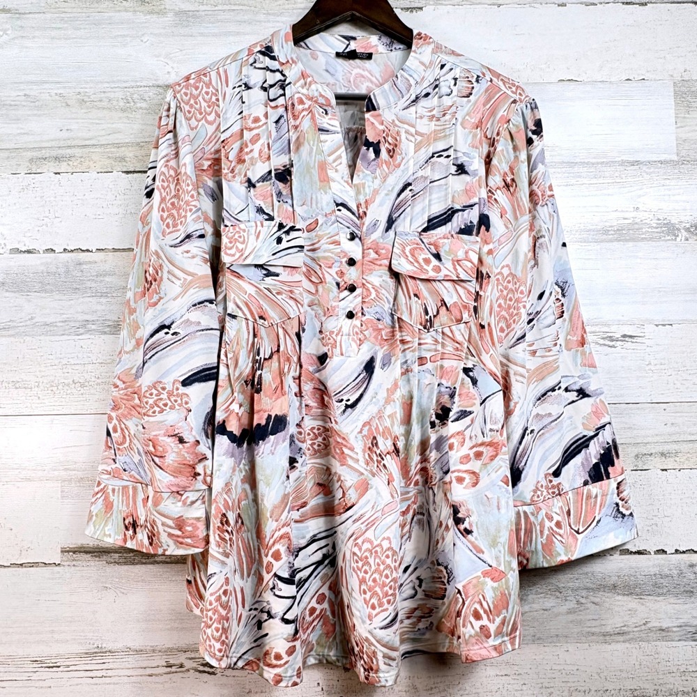 Ava & Grace Blouse Womens‎ 2X Pink Abstract Floral 3/4 Sleeve Tunic Cottagecore